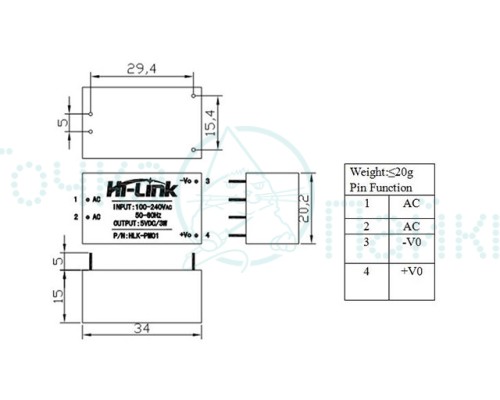Модуль питания HLK-PM01 (Преобразователь AC (100-240)V, DC 5V)