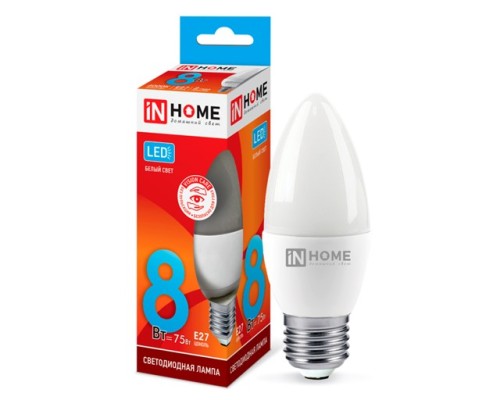 Лампа E27  8W 4000k (Нейтральный белый)Свеча IN-HOME