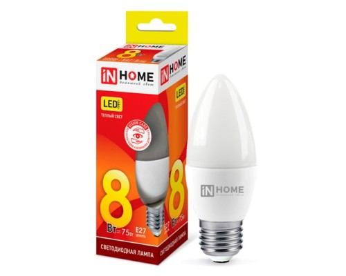 Лампа E27  8W 3000k (Теплый белый)Свеча IN-HOME